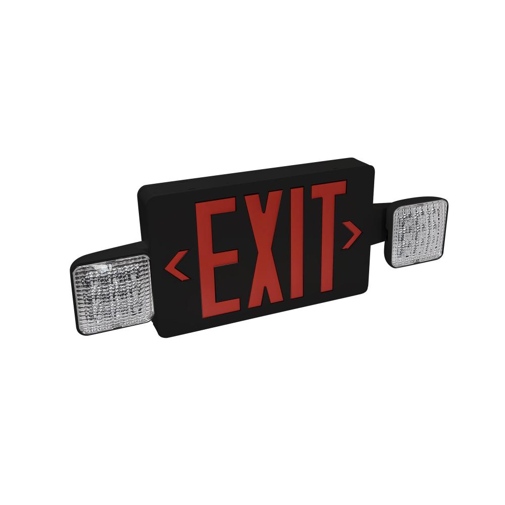 LED Exit and Emergency Combination with Adjustable Heads, Battery Backup, Red Letters / Black