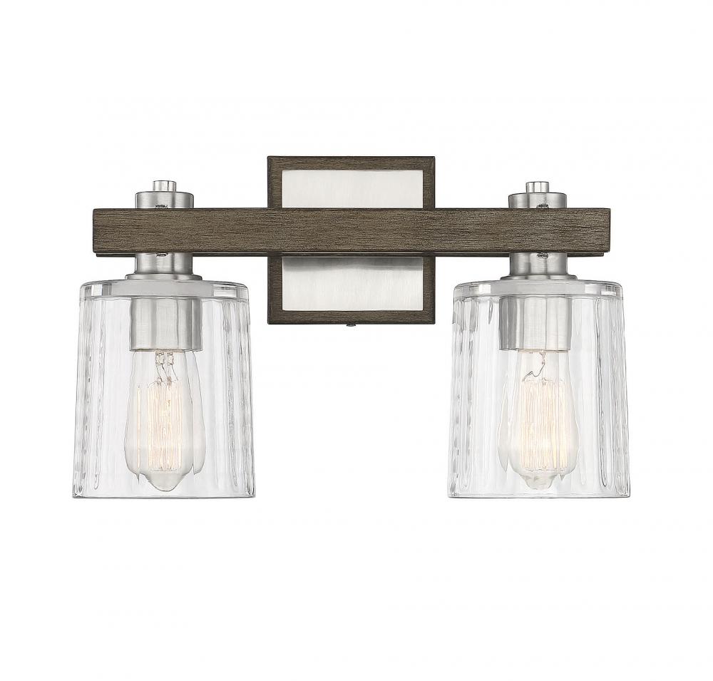 Halifax 2-Light Bathroom Vanity Light in Satin Nickel with Gray Wood