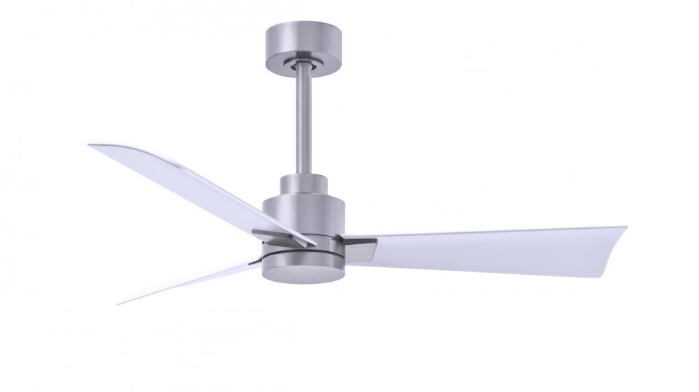 Alessandra 3-blade transitional ceiling fan in brushed nickel finish with matte white blades. Opti
