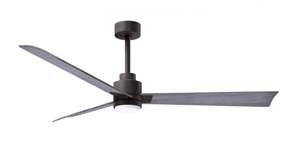 Alessandra 3-blade transitional ceiling fan in textured bronze finish with barnwood blades. Optimi