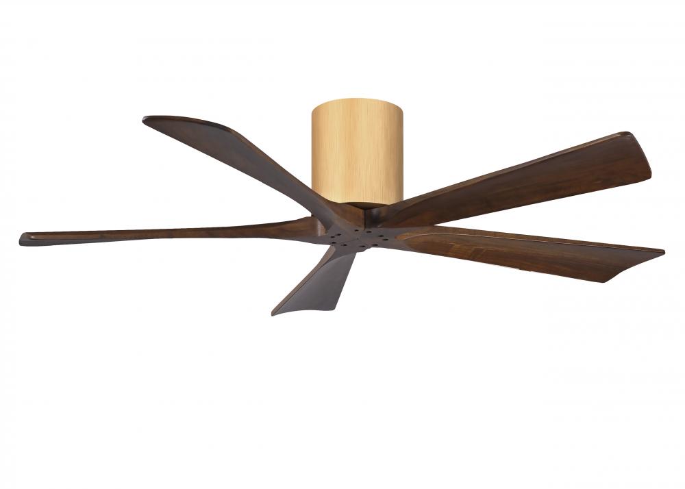 Irene-5H three-blade flush mount paddle fan in Brushed Brass finish with 52” Walnut tone blades.