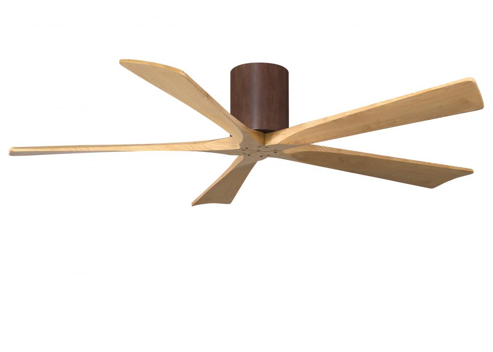 Irene-5H three-blade flush mount paddle fan in Walnut finish with 60” Light Maple tone blades. 