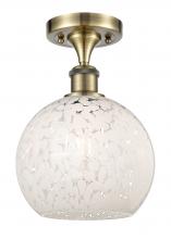  516-1C-AB-G1216-8WM - White Mouchette - 1 Light - 8 inch - Antique Brass - Semi-Flush Mount