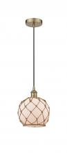  616-1P-AB-G121-8RB-LED - Farmhouse Rope - 1 Light - 8 inch - Antique Brass - Cord hung - Mini Pendant