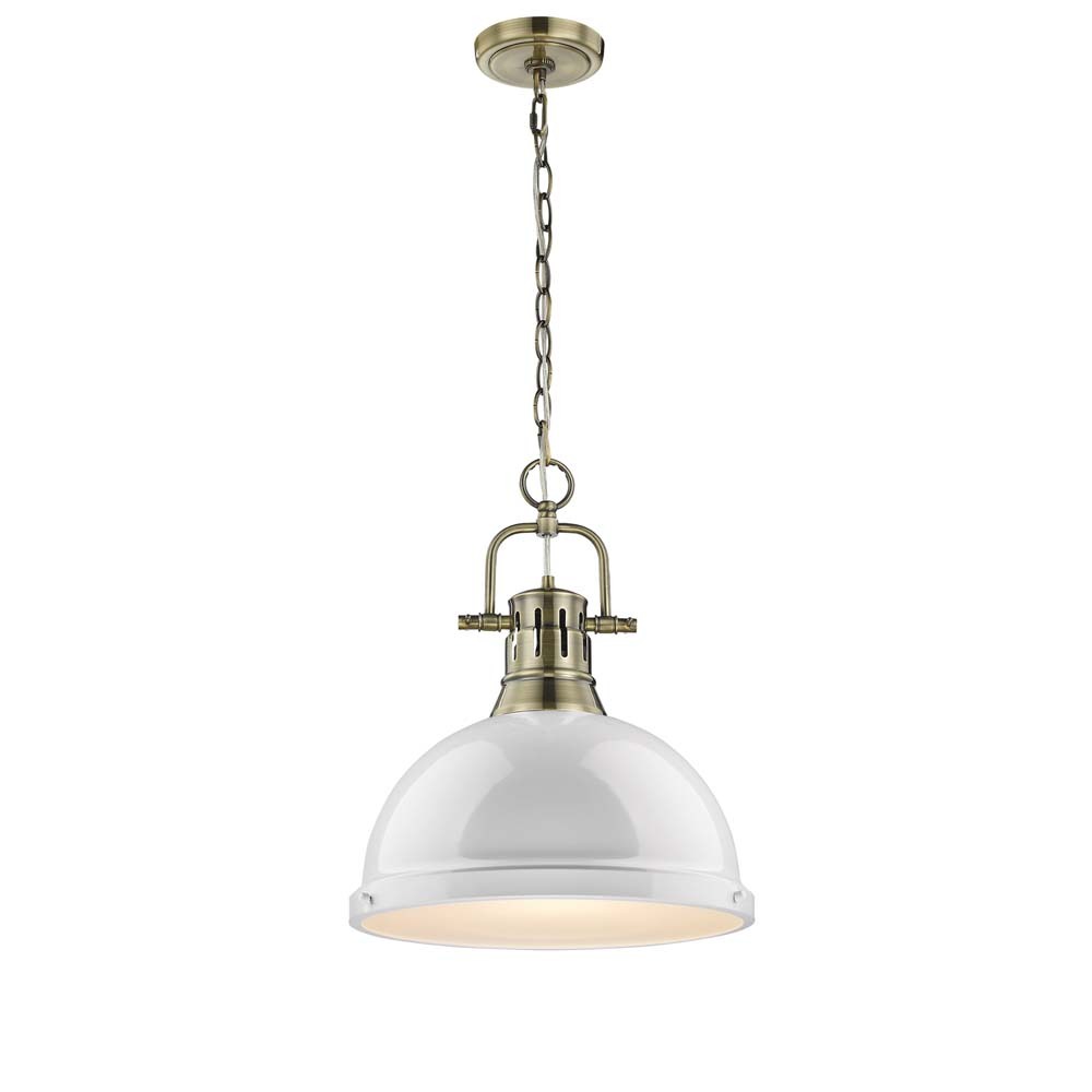 Duncan 1 Light Pendant with Chain in Aged Brass with a White Shade