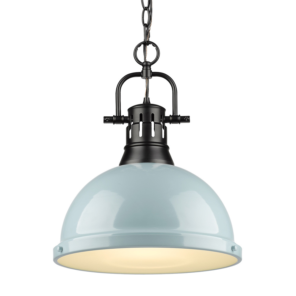 Duncan 1 Light Pendant with Chain in Matte Black with a Seafoam Shade