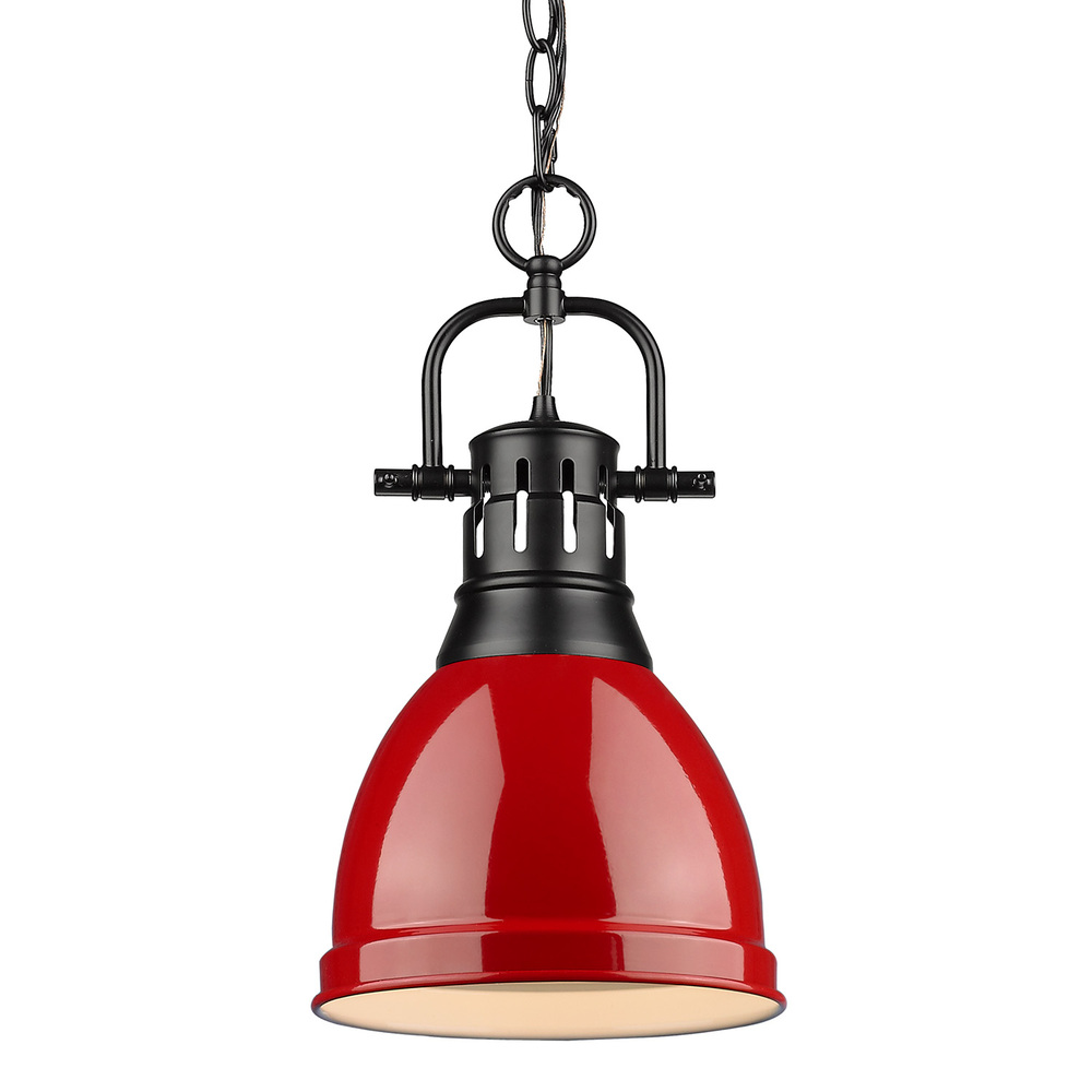Duncan Small Pendant with Chain in Matte Black with a Red Shade