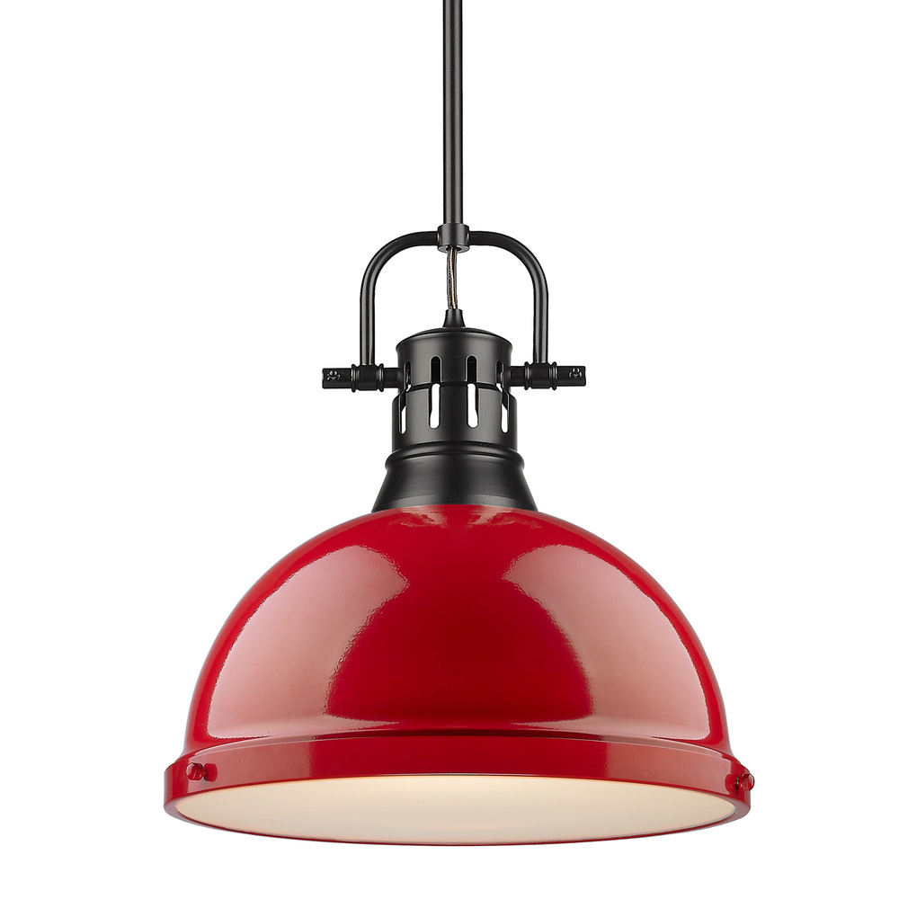 Duncan 1 Light Pendant with Rod in Matte Black with a Red Shade