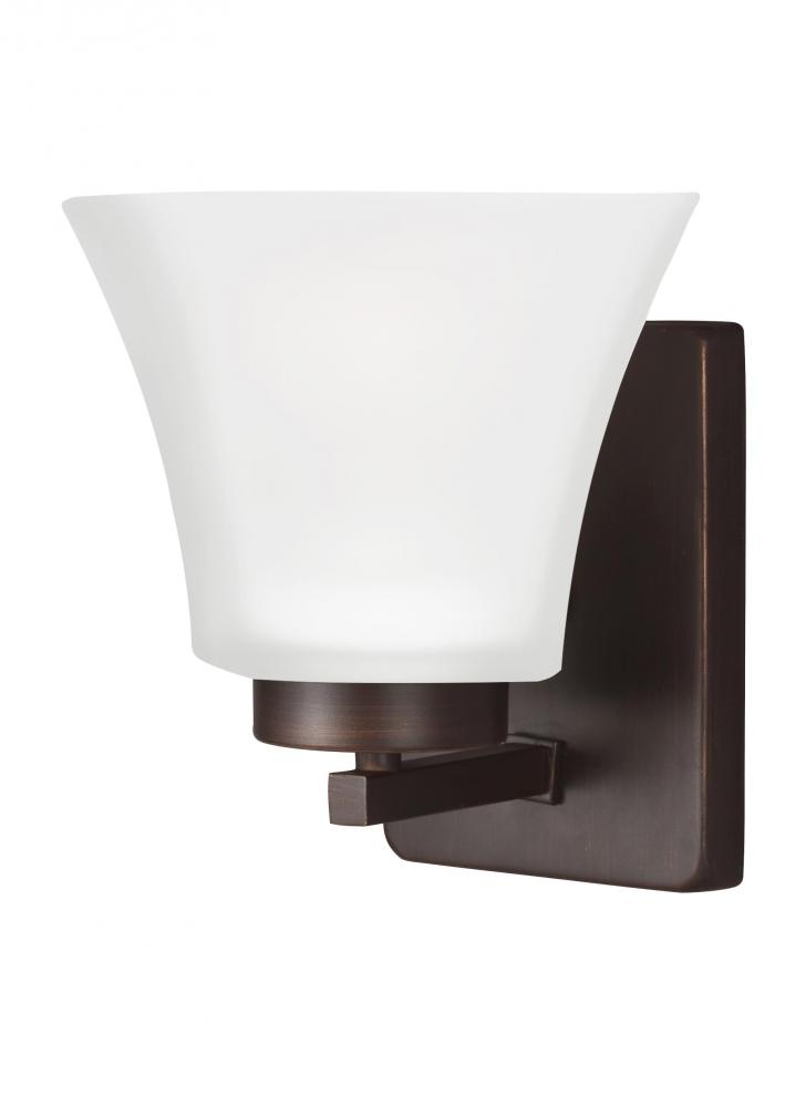 Bayfield contemporary 1-light LED indoor dimmable bath vanity wall sconce in bronze finish with sati