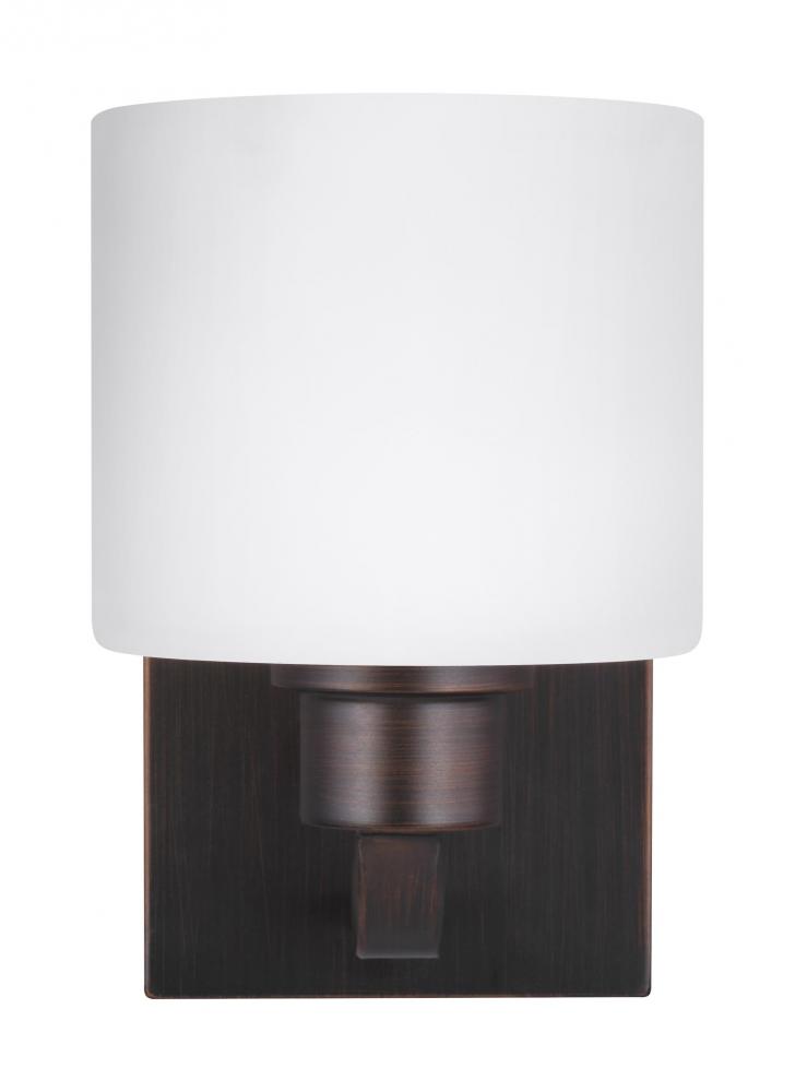 Canfield modern 1-light LED indoor dimmable bath vanity wall sconce in bronze finish with etched whi