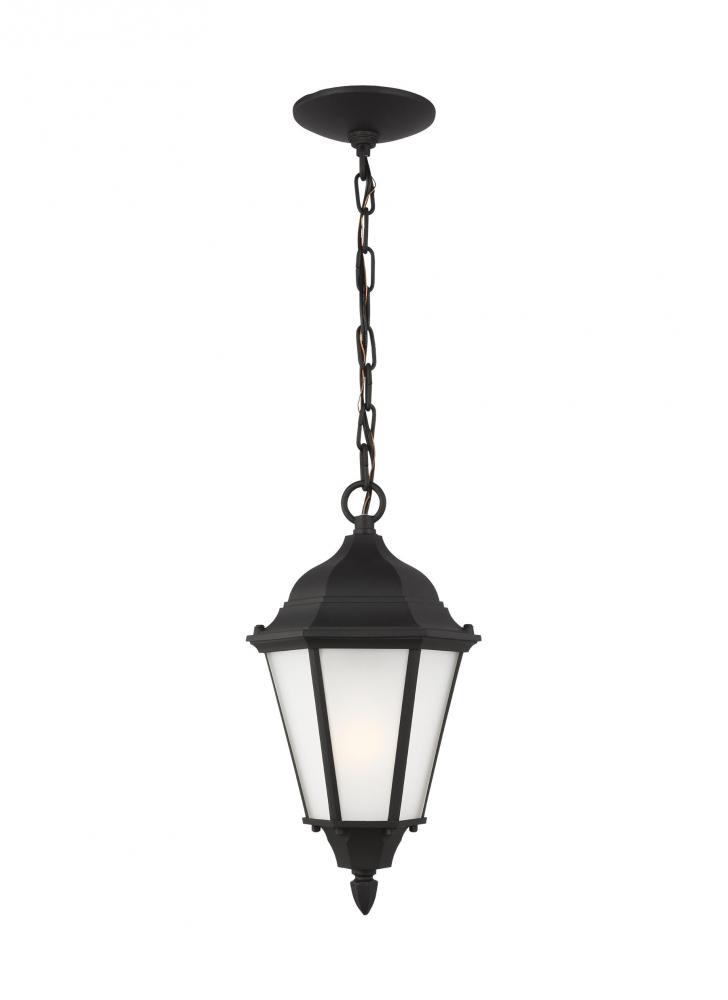 Bakersville traditional 1-light LED outdoor exterior pendant in black finish with satin etched glass