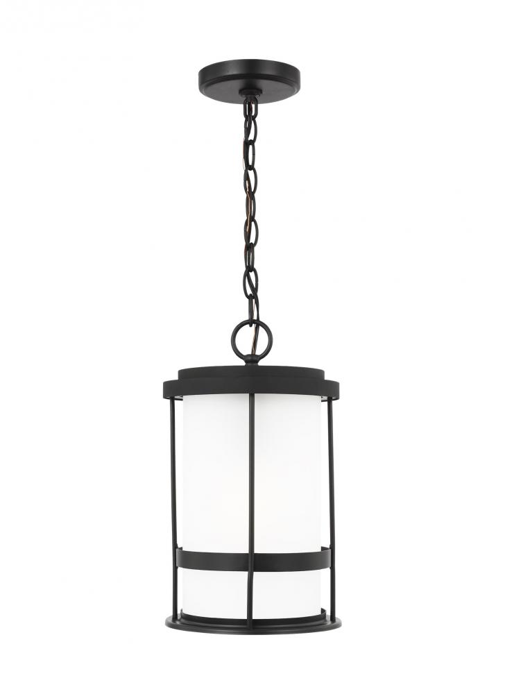 Wilburn modern 1-light LED outdoor exterior ceiling hanging pendant lantern in black finish with sat