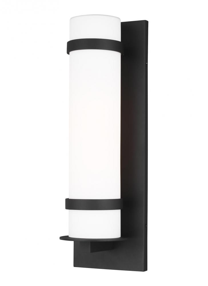 Alban modern 1-light LED outdoor exterior large round wall lantern sconce in black finish with etche