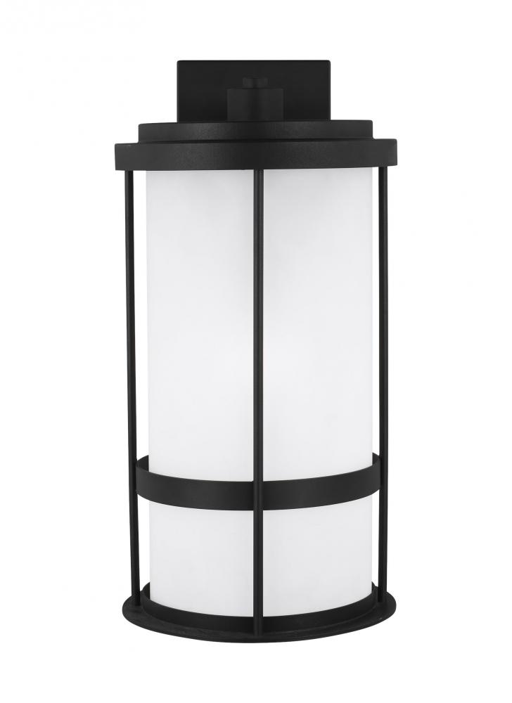 Wilburn modern 1-light LED outdoor exterior large wall lantern sconce in black finish with satin etc