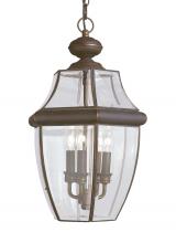  6039EN-71 - Lancaster traditional 3-light outdoor exterior pendant in antique bronze finish with clear curved be