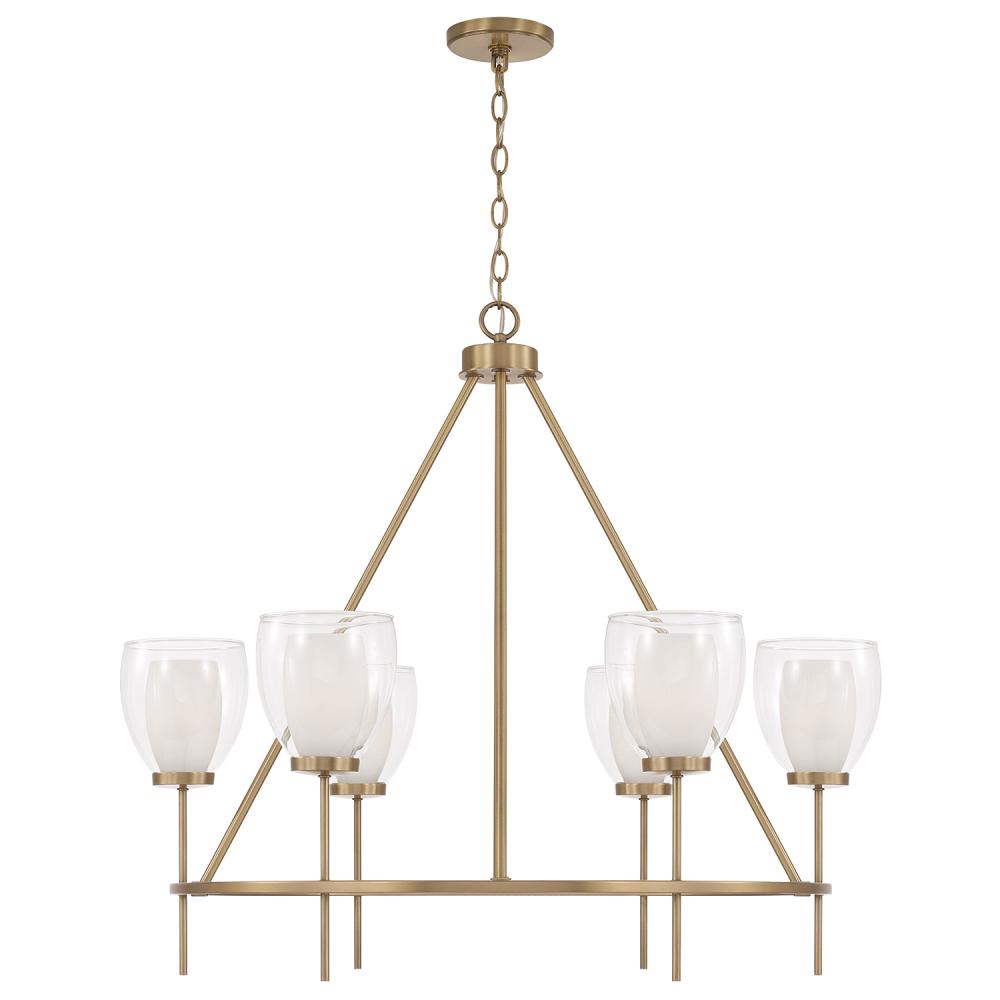 6-Light Ring Chandelier in Aged Brass with Layered White and Clear Glass