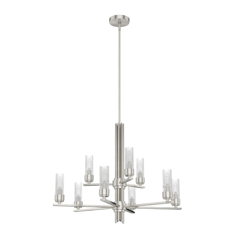 Hunter Gatz Brushed Nickel with Clear Fluted Glass 9 Light Chandelier Ceiling Light Fixture