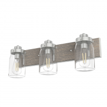  48020 - Hunter Devon Park Brushed Nickel and Grey Wood with Clear Glass 3 Light Bathroom Vanity Wall Light F
