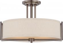  60/4858 - Gemini - 3 Light Semi Flush with Khaki Fabric Shade - Hazel Bronze Finish