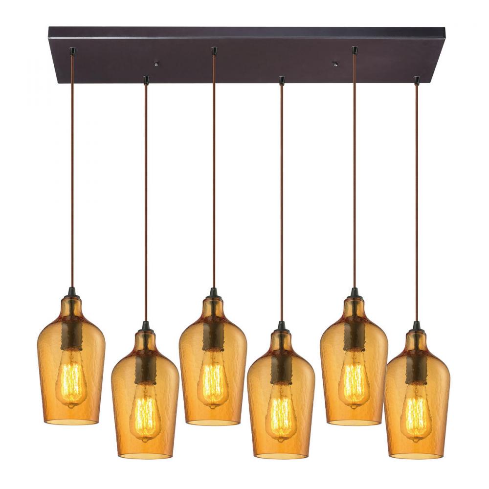Hammered Glass 6-Light Rectangular Pendant Fixture in Oiled Bronze with Hammered Amber Glass