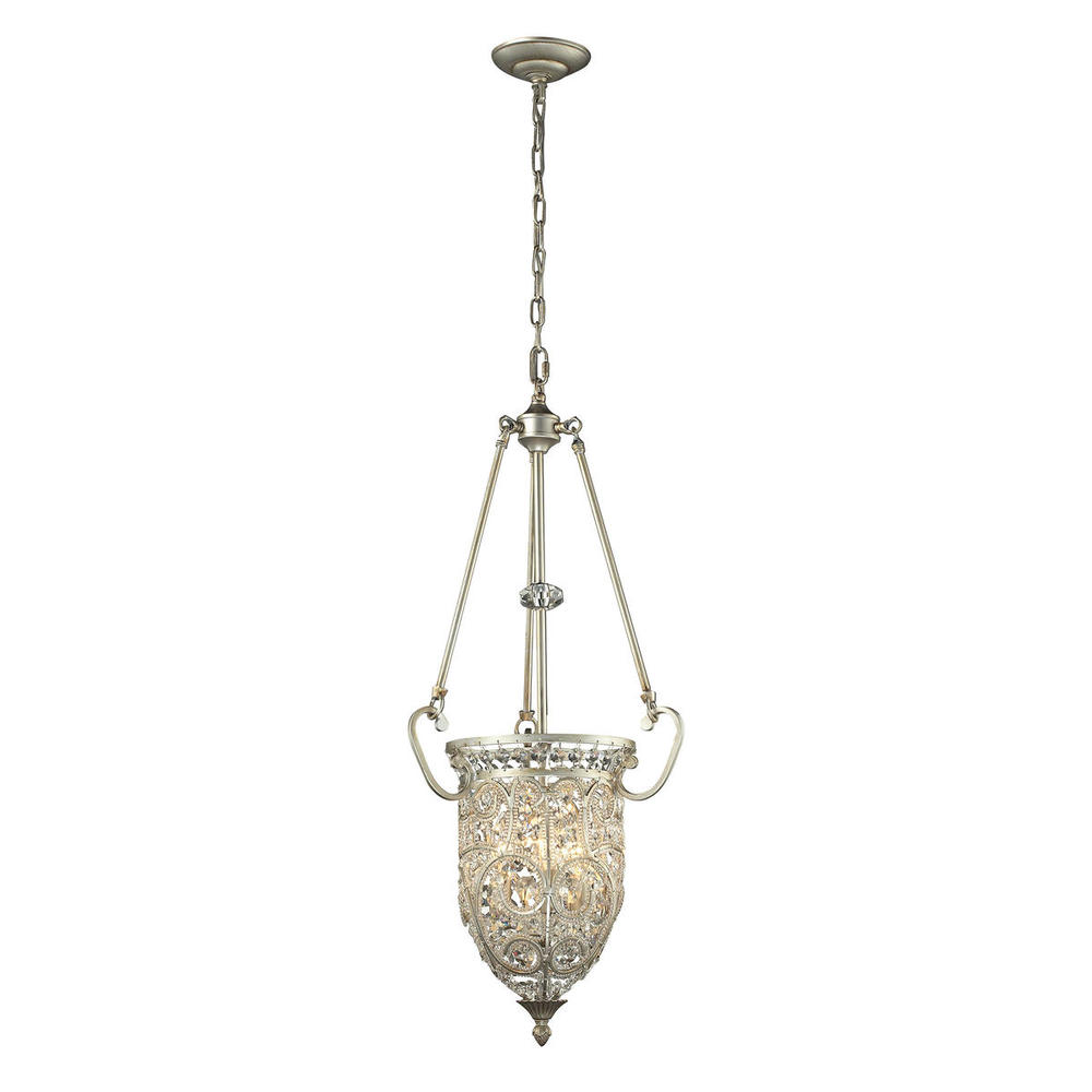 Andalusia 3-Light Pendant in Aged Silver with Clear Crystal and Beaded Glass Diffuser