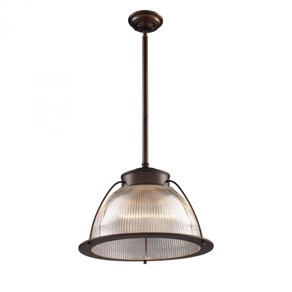 Halophane 1-Light Pendant in Aged Bronze with Clear Ribbed Glass